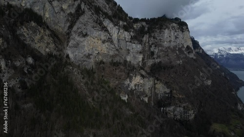 Aerial shot of details of cliff of a hill in Walensee, Switzerland. photo