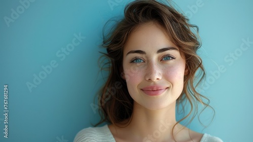 Beautiful woman with a sweet demure smile stands against a plain pale blue background. Generative AI.