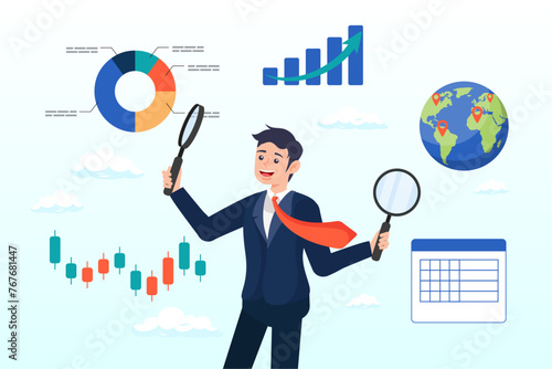 Smart businessman analyst holding magnifying glass analyse graph and chart, business analysis, calculate or research for market growth, financial report, investment data or sale information (Vector)