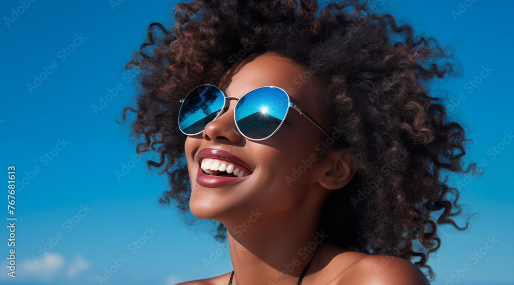 Une belle femme noire, heureuse et souriante portant des lunettes de soleil sous un beau ciel bleu d'été. - obrazy, fototapety, plakaty 