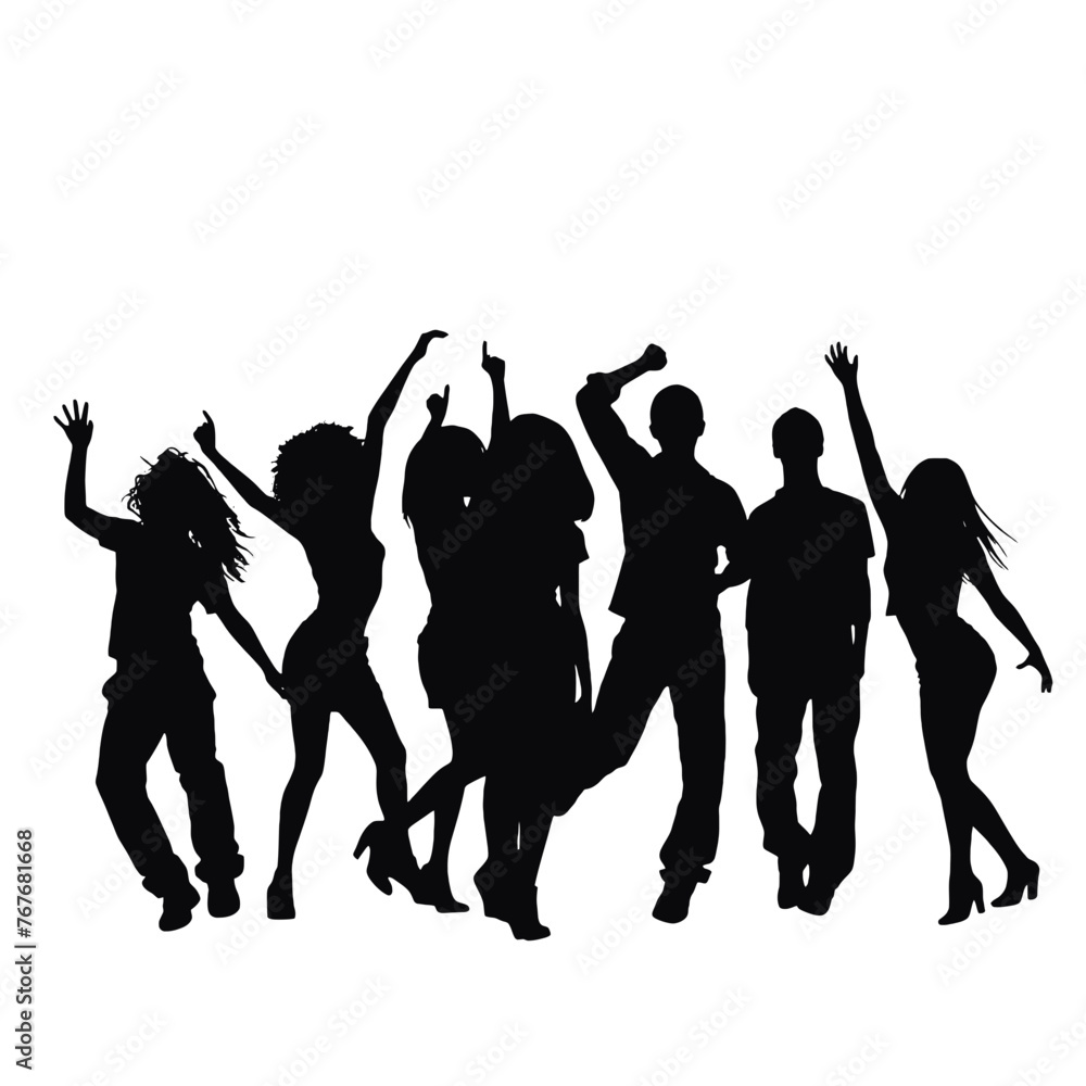 Silhouette happy young group party people together dancing, cheering crowd dance to the music at musical concert – stock vector