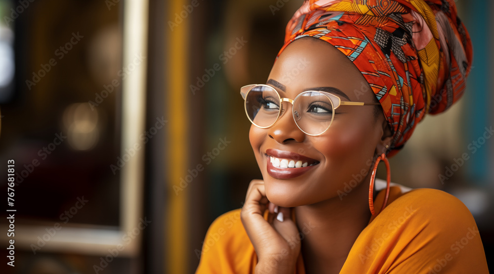 Une belle femme noire, heureuse et souriante portant un turban africain et des lunettes, image avec espace pour texte. - obrazy, fototapety, plakaty 
