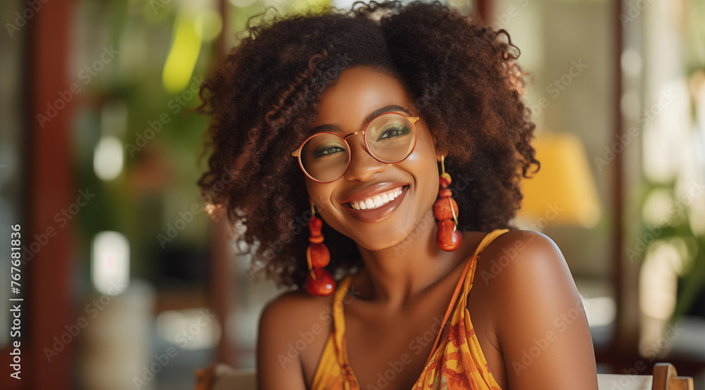 Une belle femme noire, heureuse et souriante portant des lunettes. - obrazy, fototapety, plakaty 