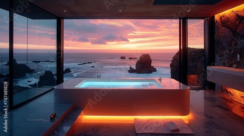Luxury Bathroom Interior with Ocean Sunset View © lin
