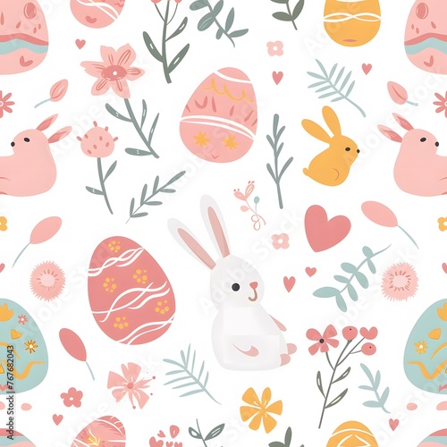 seamless pattern of cute pastel easter elements, eggs and bunnies, white background