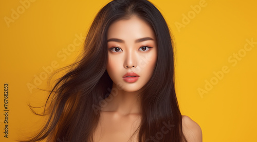Une belle jeune femme asiatique, aux cheveux longs, arrière-plan jaune, image avec espace pour texte.