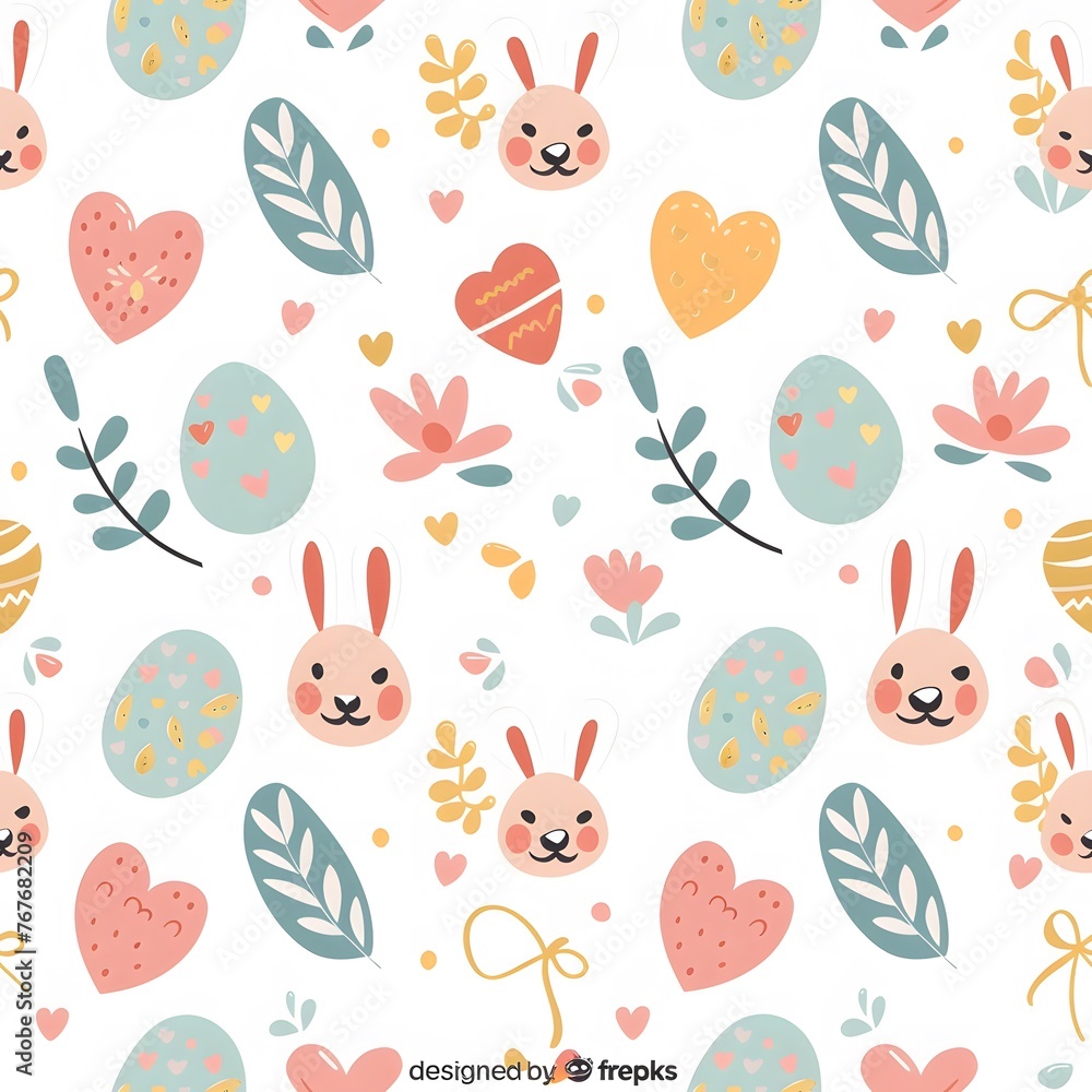 seamless pattern of cute pastel easter elements, eggs and bunnies, white background seamless pattern of cute pastel easter elements, eggs and bunnies, white background