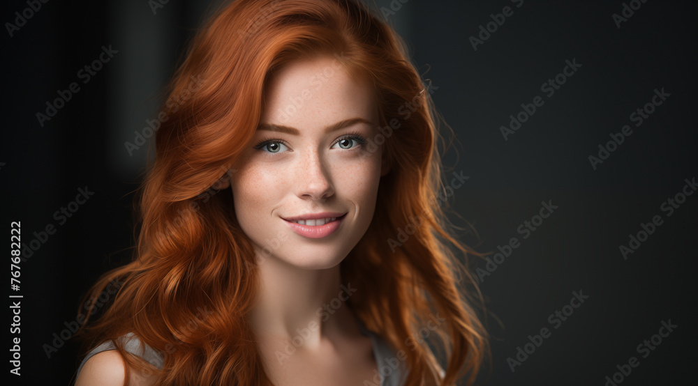 Une belle femme rousse, heureuse et souriante, arrière-plan noir, image avec espace pour texte.