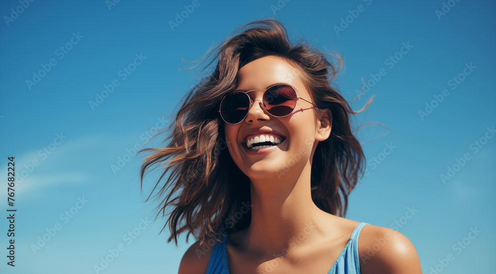 Une belle femme brune, heureuse et souriante portant des lunettes de soleil sous un beau ciel bleu d'été. - obrazy, fototapety, plakaty 