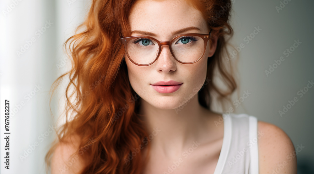 Fototapeta premium Une belle femme rousse, heureuse et souriante portant des lunettes.