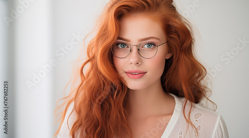 Une belle femme rousse, heureuse et souriante portant des lunettes, arrière-plan blanc. photo