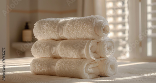 Stacked bathroom towels, cream palette, minimal. Generative AI.