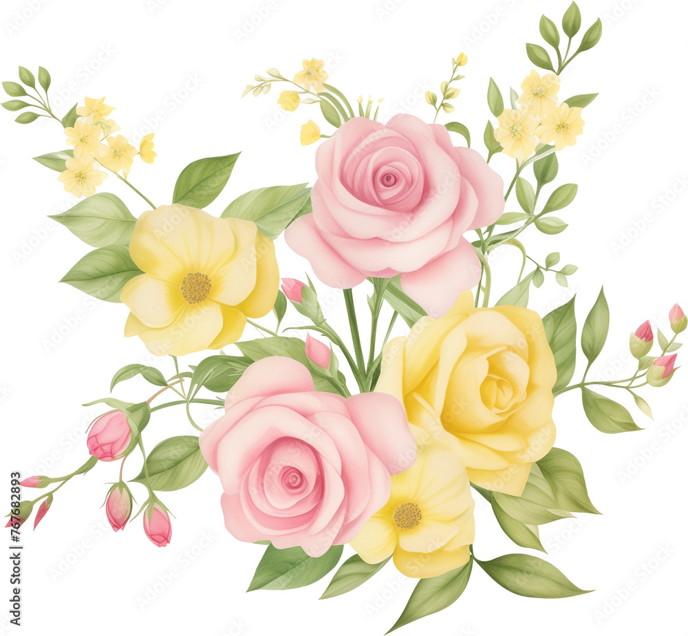 watercolor illustration yellow Rose flower and green leaves. Florist bouquet, International Women's Day, Mother's Day, wedding flowers.