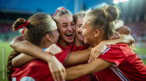 The soccer field erupts with jubilant cheers as a group of young female players comes together in a tight huddle  their faces alight with joy and excitement.