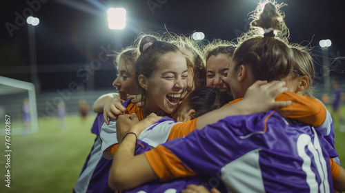 With the final whistle blown, a group of young female soccer players erupts into cheers and embraces on the field, their faces flushed with the thrill of victory.