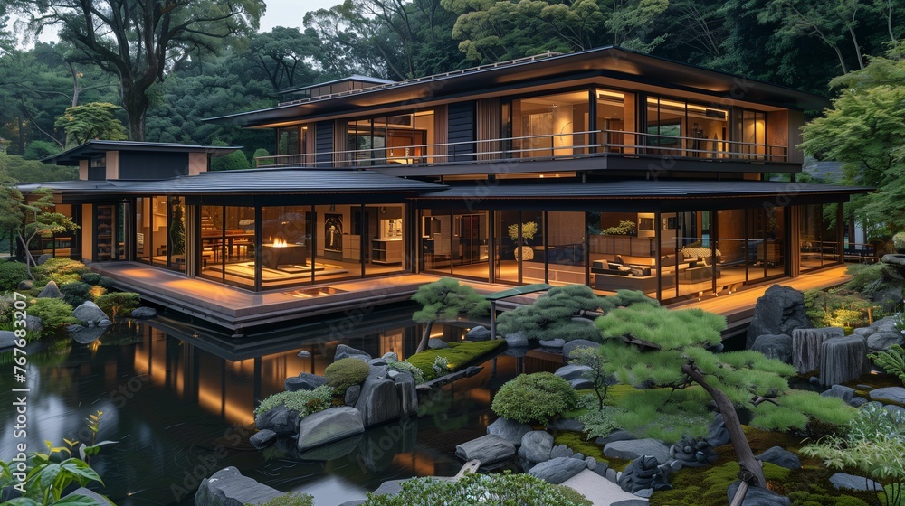 Modern House with Traditional Japanese Garden at Dusk