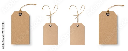 Four brown tags with a white background. The tags are hanging from a string. The tags are all different sizes and shapes