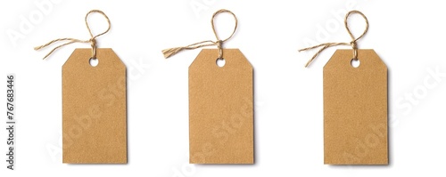 Three brown tags with a white background. The tags are hanging from a string