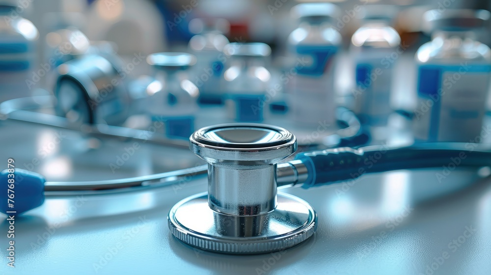 Close-up stethoscope and medical accessories. Generative AI. Close-up stethoscope and medical accessories. Generative AI.