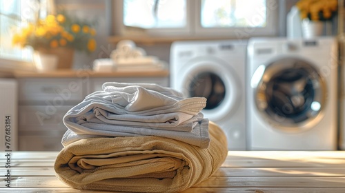 Pile of folded clean clothes on a modern wooden surface, washing machine in the blurred background, light and clean colors. Generative AI. © visoot
