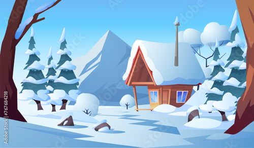 A cozy wooden cottage with a veranda and stairs, located in a winter forest.