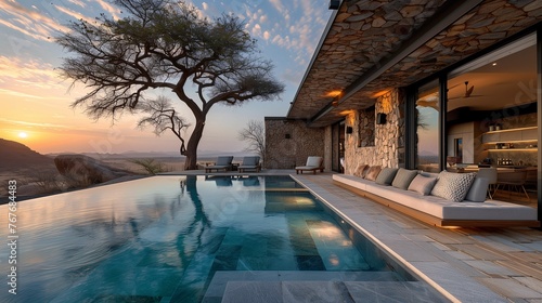 Luxury Poolside Retreat with Panoramic Wilderness View at Sunset