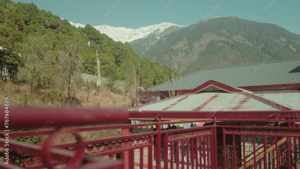 Red bridge with mountain view in the background, sunny day, serene atmosphere, outdoor shot Red bridge with mountain view in the background, sunny day, serene atmosphere, outdoor shot