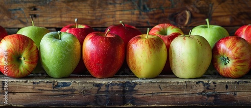 A row of apples on a wooden table. The apples are red and green