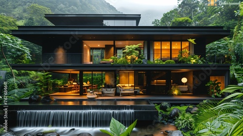 Modern House Integrated with Nature and Waterfall Feature