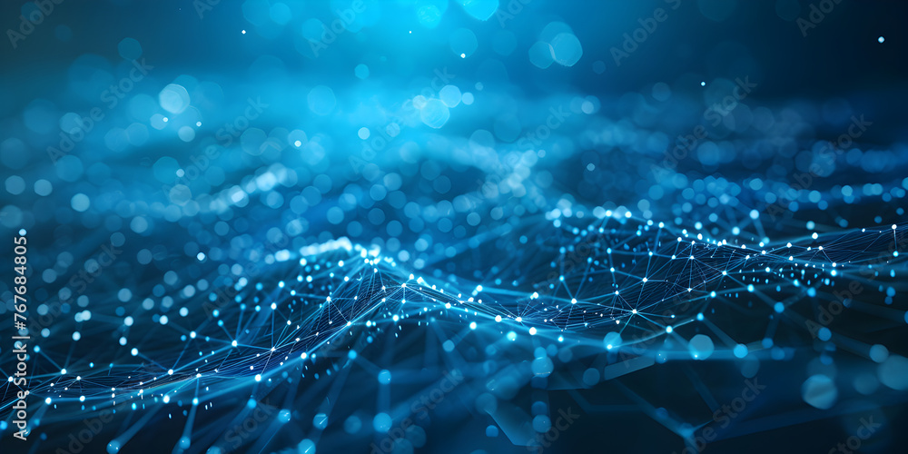 Banner with blue abstract background with a network grid and particles connected .Sci-fi digital technology with line connect network and data graphic background. - obrazy, fototapety, plakaty 