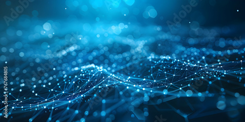 Banner with blue abstract background with a network grid and particles connected .Sci-fi digital technology with line connect network and data graphic background. © Faiza