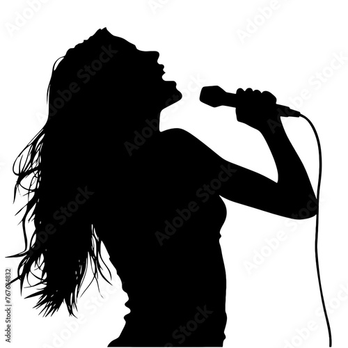 Female singer holding microphone silhouette on white background vector