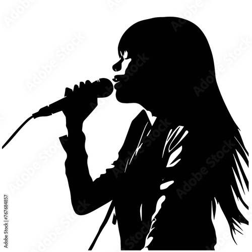 Female singer holding microphone silhouette on white background vector