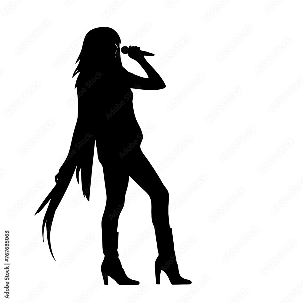 Female singer holding microphone silhouette on white background vector