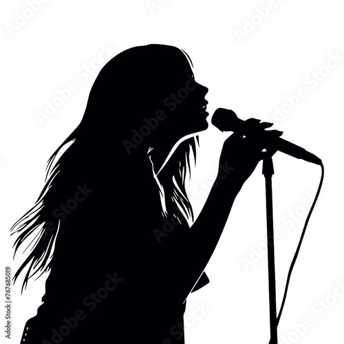Female singer holding microphone silhouette on white background vector
