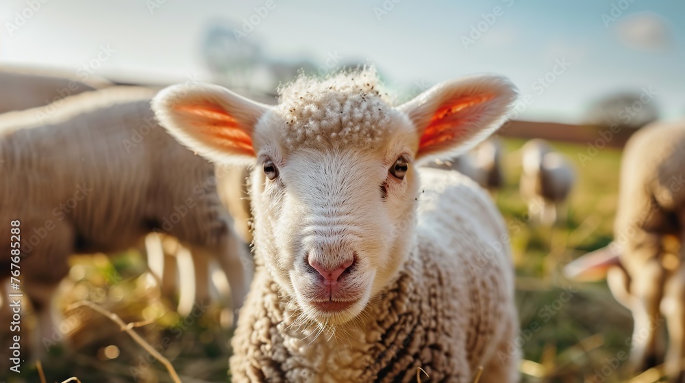 A baby sheep is looking at the camera. The scene is peaceful and calm