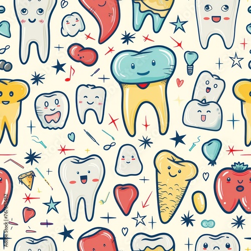 A colorful pattern of cartoon teeth with a smiling mouth