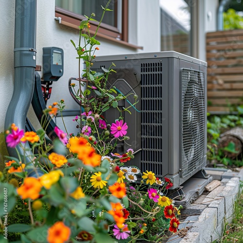 A large air conditioner sits in front of a colorful flower garden. The flowers are in full bloom, creating a vibrant and lively atmosphere © Dawid