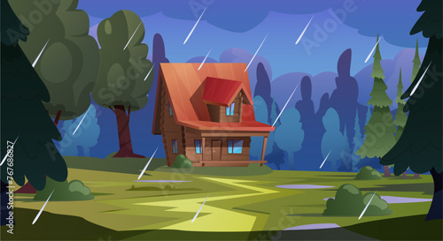Rainy meadow log cabin vector illustration © sabelskaya