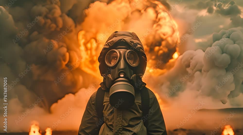 person in gas mask with atomic bomb fire in background person in gas mask with atomic bomb fire in background