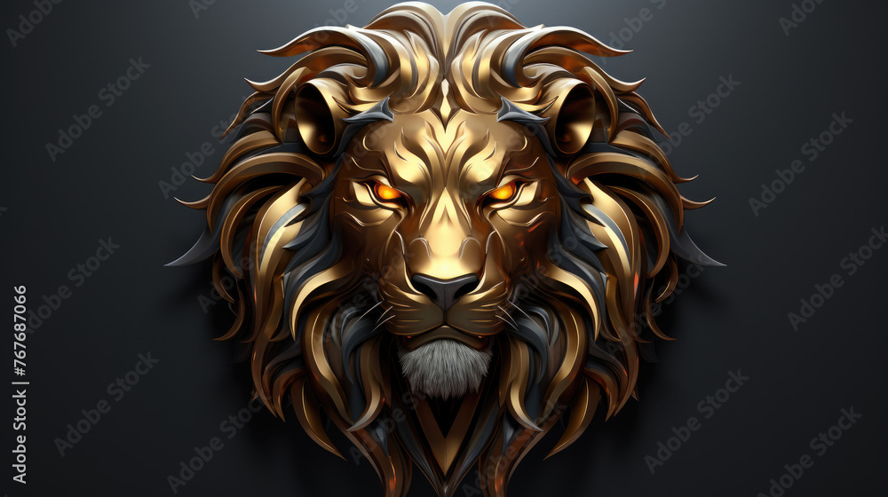 3d metallic golden lion king head face and shield, glowing eye, on black beautiful texture background. Beautiful 3D print design for interior, wall, wallpaper, canvas. Video game logo
