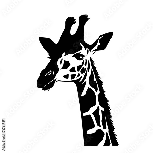 Black silhouette of giraffe head and neck on white background. Vector african animal, isolated icon with giraffe animal face in simple style, decal, sticker. Concept for savannah safari, tattoo, zoo