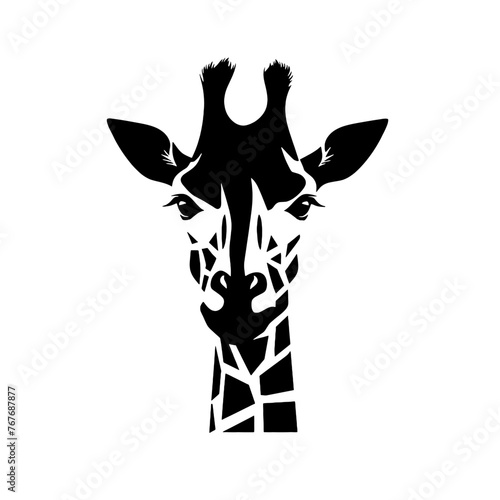 Black silhouette of giraffe head and neck on white background. Vector african animal, isolated icon with giraffe animal face in simple style, decal, sticker. Concept for savannah safari, tattoo, zoo photo