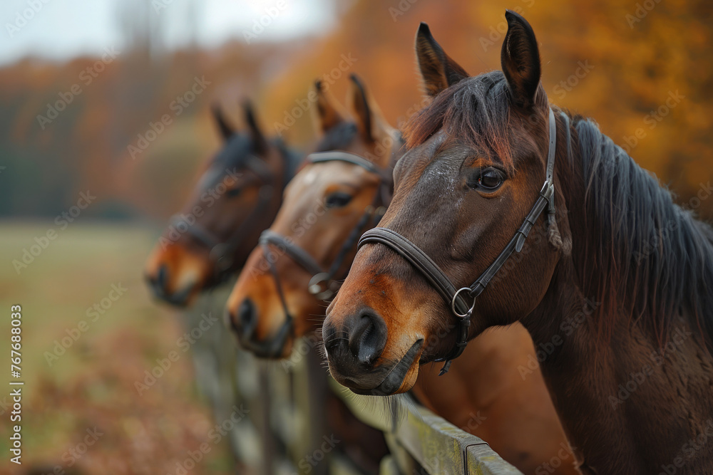 Obraz premium Four horses are standing next to a wooden fence. The horses are brown and white. The fence is wooden and has a rustic look. The scene is peaceful and calm. horses on a field behind a fence