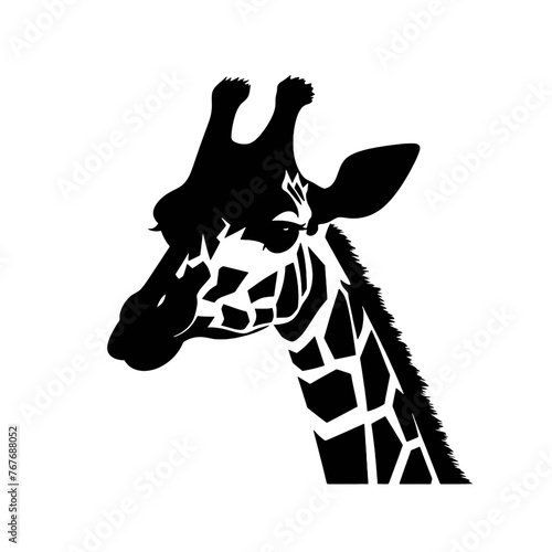 Black silhouette of giraffe head and neck on white background. Vector african animal, isolated icon with giraffe animal face in simple style, decal, sticker. Concept for savannah safari, tattoo, zoo