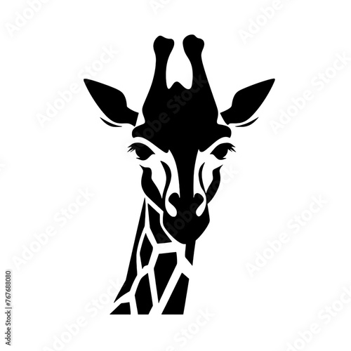 Black silhouette of giraffe head and neck on white background. Vector african animal, isolated icon with giraffe animal face in simple style, decal, sticker. Concept for savannah safari, tattoo, zoo photo