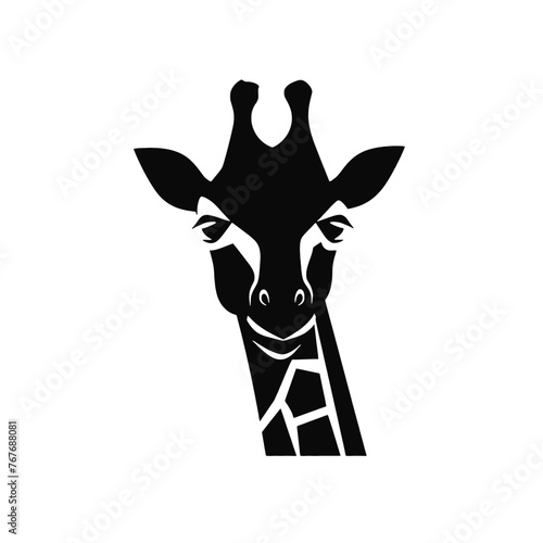 Black silhouette of giraffe head and neck on white background. Vector african animal, isolated icon with giraffe animal face in simple style, decal, sticker. Concept for savannah safari, tattoo, zoo photo