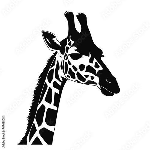 Black silhouette of giraffe head and neck on white background. Vector african animal  isolated icon with giraffe animal face in simple style  decal  sticker. Concept for savannah safari  tattoo  zoo