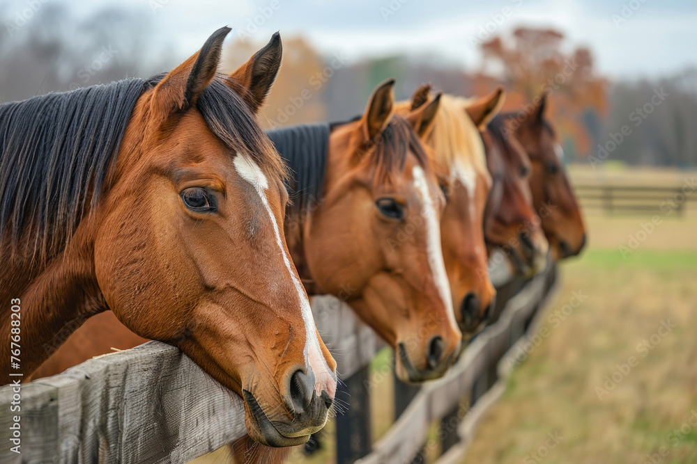 Fototapeta premium Four horses are standing next to a wooden fence. The horses are brown and white. The fence is wooden and has a rustic look. The scene is peaceful and calm. horses on a field behind a fence