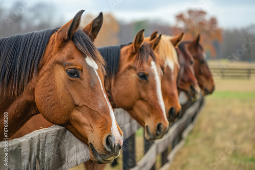 Four horses are standing next to a wooden fence. The horses are brown and white. The fence is wooden and has a rustic look. The scene is peaceful and calm. horses on a field behind a fence
